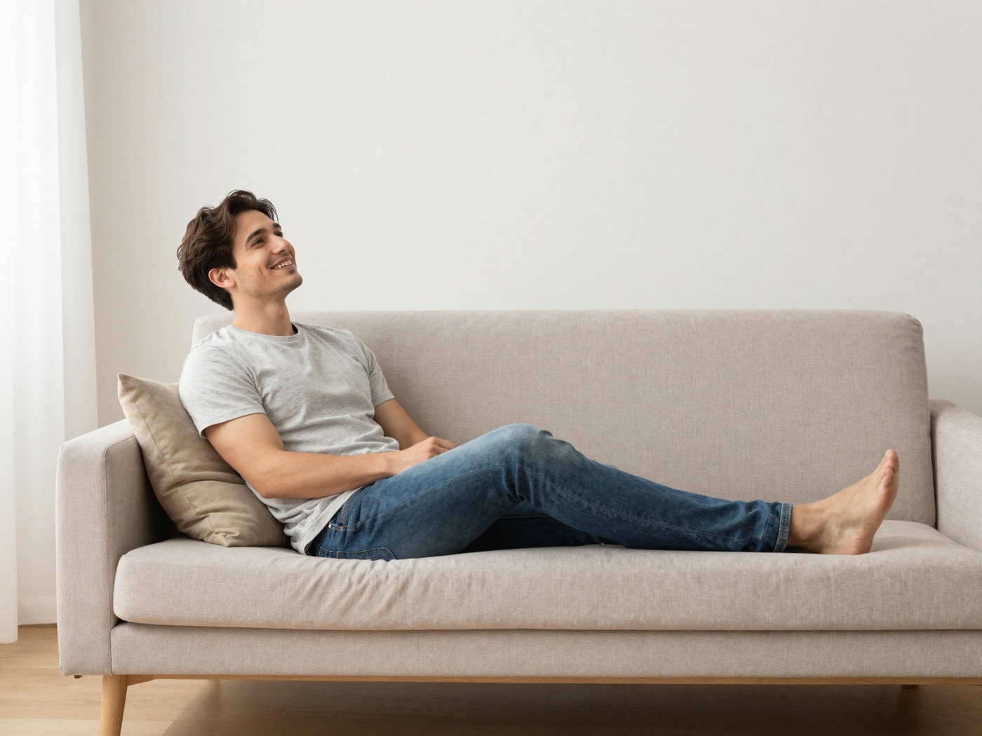 Happy homeowner relaxing in a spotless living room